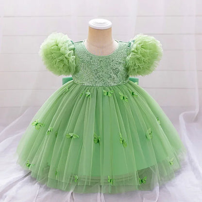 Baby Girl Clothing Summer Bow And Butterfly Pattern Halter Solid Color Mesh Baby Kids Dresses Cute Casual Baby Girl Dress ASQ03