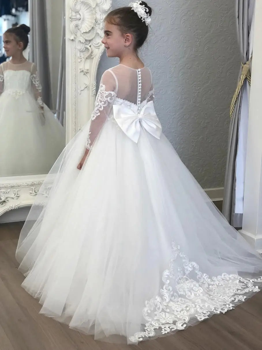Communion Girl Dress Lace Appqulies Bodice Floor-length Skirt Puffy Dress with Long Train Formal Party Toddler Clothe