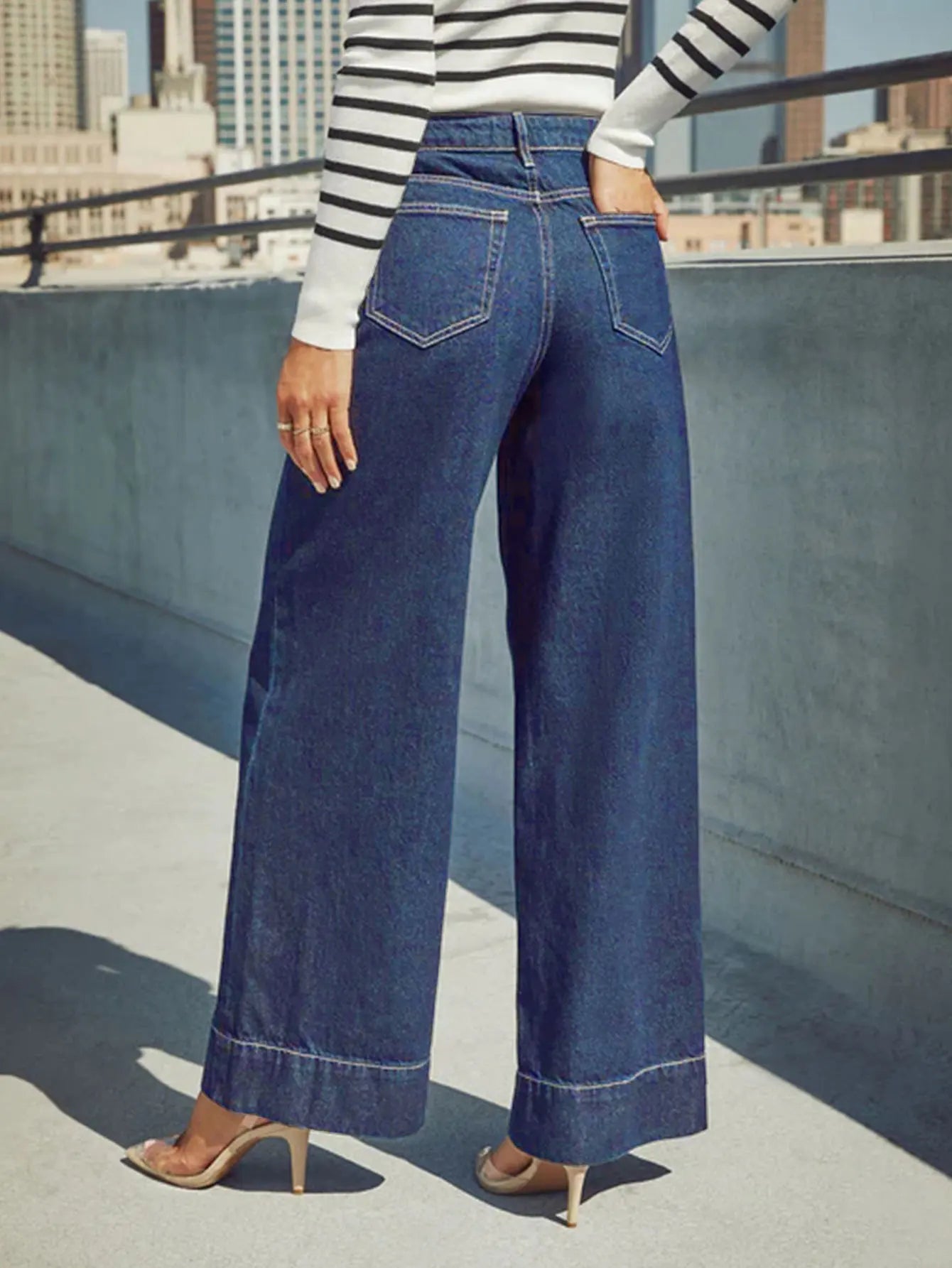 Women's High Waist Wide Leg Jeans - Classic dark blue washed stretch jeans
