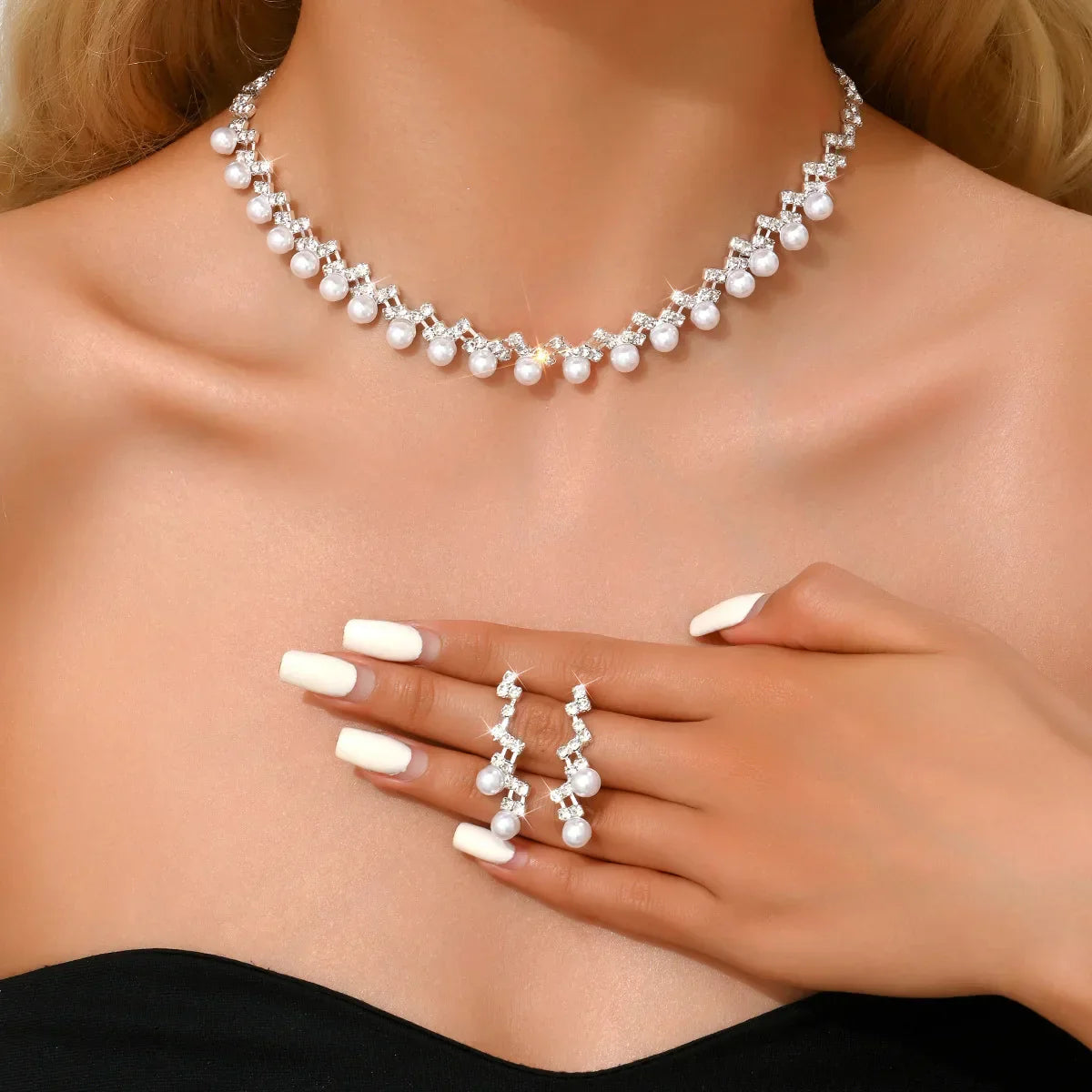 Silver Color Pearl Crystal Bridal Jewelry Sets Wave Shape Choker Necklace Earrings Sets for Women Wedding Jewelry Sets