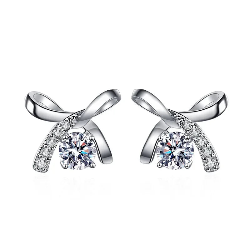 Ribbon Bowknot Tie Moissanite Stud Earrings 925 Sterling Silver 1CT Square Lab Diamond Fine Jewelry For Women Girl Birthday Gift