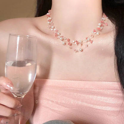 Romantic Niche Pink Sweet Flower Collarbone Chain Versatile Temperament Necklace Women's Pearl Fringe Collarbone Chain