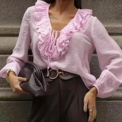 Woman 2025 Oversized Frill Blouse Spring Shirts & Blouses See-Through Chiffon Long Sleeve Top Layered Plus Size Shirts 066