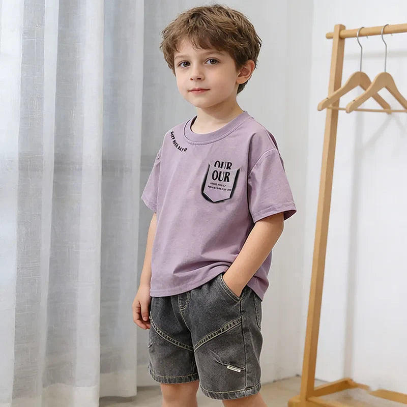 Kids 2-Piece Summer Casual Set - Short Sleeve T-Shirt with Pocket Print & Gray Denim Shorts for Boys Children's Fashion Outfit