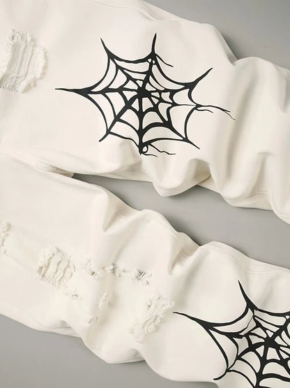 Men's jeans, men's spider web printed worn-out jeans