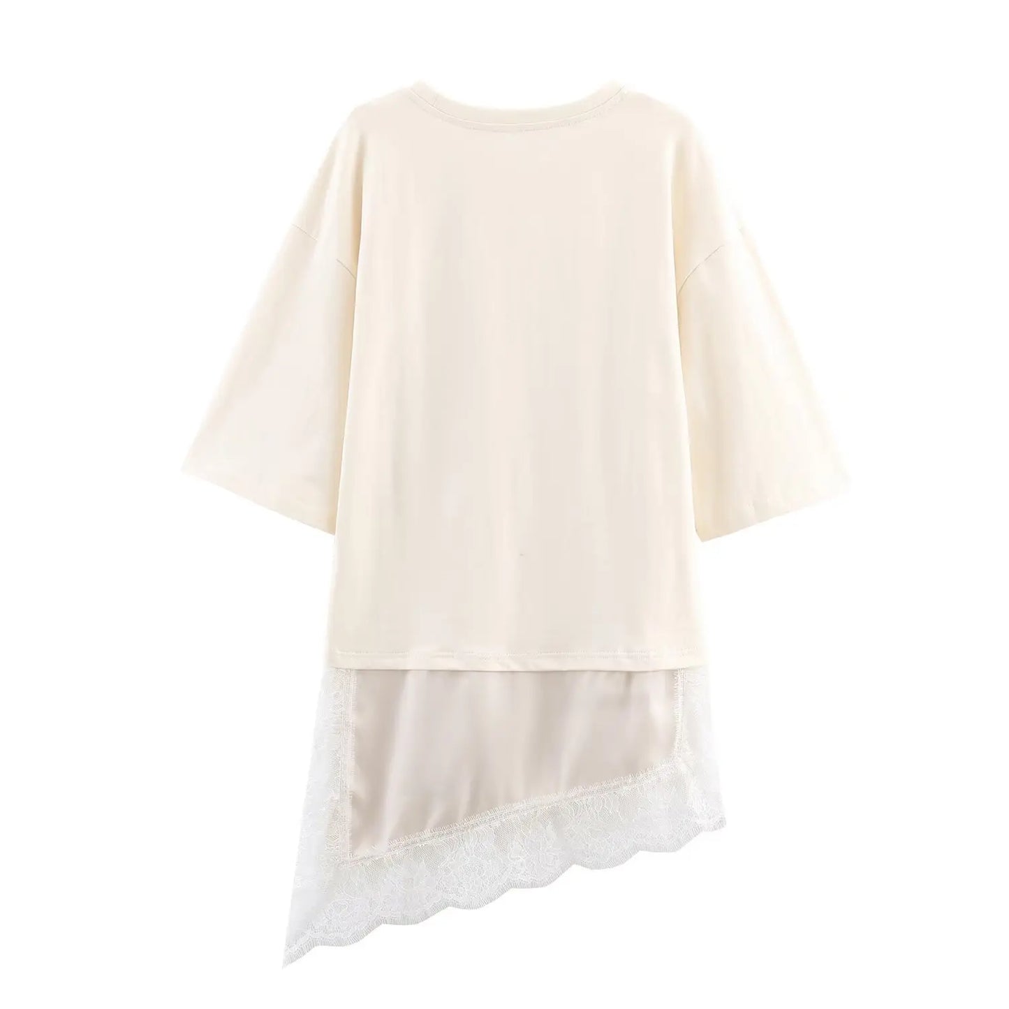 Lace Splice Asymmetry T-shirt  Women Fashion Autumn Winter O-neck loose Tee Top Chic Female Long Sleeved T-Shirts Mjuer