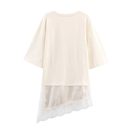 Lace Splice Asymmetry T-shirt  Women Fashion Autumn Winter O-neck loose Tee Top Chic Female Long Sleeved T-Shirts Mjuer