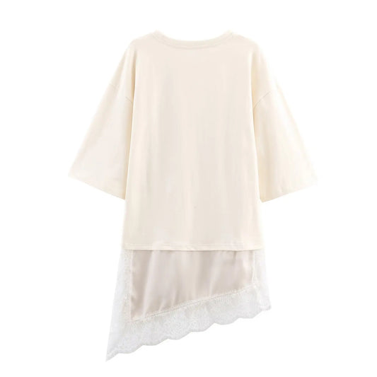 Lace Splice Asymmetry T-shirt  Women Fashion Autumn Winter O-neck loose Tee Top Chic Female Long Sleeved T-Shirts Mjuer