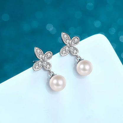 Butterfly Moissanite Diamond Drop Earrings with 8mm Freshwater Pearl 925 Sterling Silver Stud Earring for Women Fine Jewelry