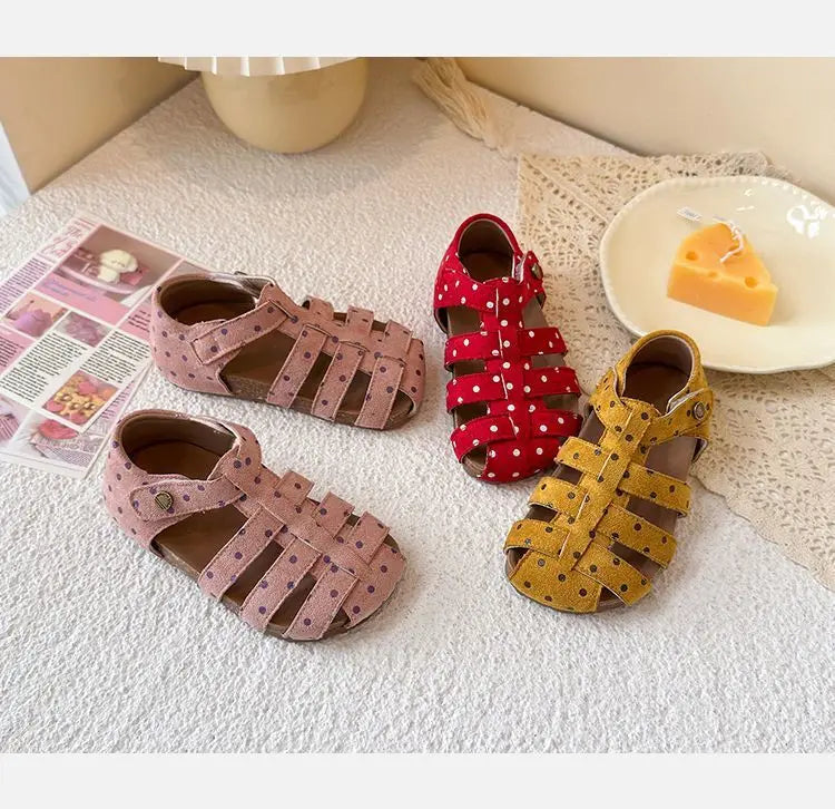All Over Print Polka Dot Children Sandals for Girls Suede Leather Summer Students Holiday Shoes Girl Daily Shoes Cut-outs I05103