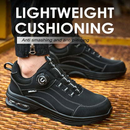 Men's Steel Toe Safety Work Boots Puncture Resistant Kevlar Midsole Air Cushioned Black Button Style Industrial Construction