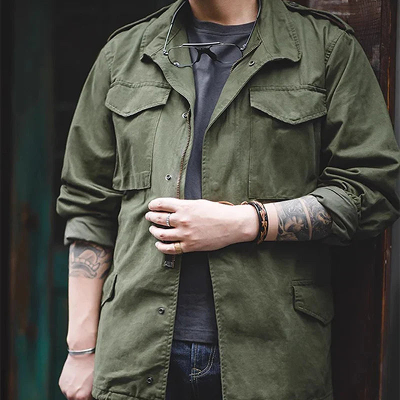 M65 Field Jacket, Men's Military Jacket, Retro Multi Pocket Collar Zipper Jacket, 100% Cotton