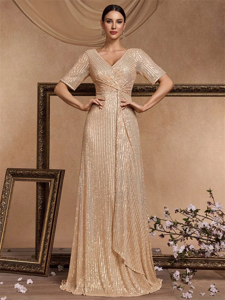 Luxury Floor Length V-Neck Evening Dress 2025 Women Elegant Party Maxi Sequin Short Sleeves Prom Cocktail Graduation Dress