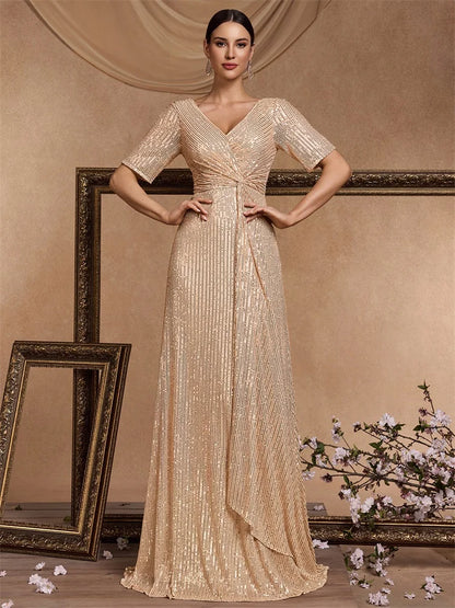 Luxury Floor Length V-Neck Evening Dress 2025 Women Elegant Party Maxi Sequin Short Sleeves Prom Cocktail Graduation Dress