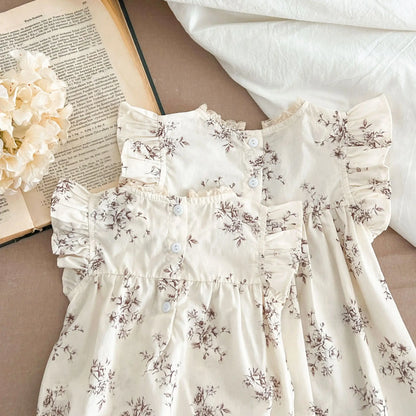 Summer Girls Dress Children's Clothing Bow Embroidered Flower Collar Girl's Dress Cartoon Printed Flying Sleeves Princess Dress