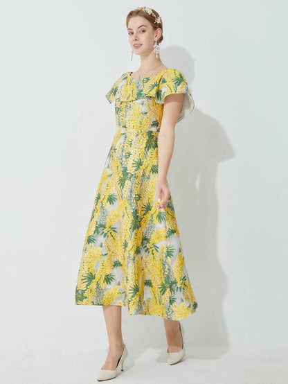 French Embellished Jacquard Dress for Women Waist-Cinching Slim-Fit Midi Dress with 3D Jacquard Perfect for Banquets