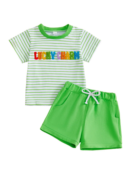 Summer St. Patrick's Day Kids Baby Boys Clothes Set Short Sleeve Letter Embroidery T-Shirt Shorts Outfits Clothes
