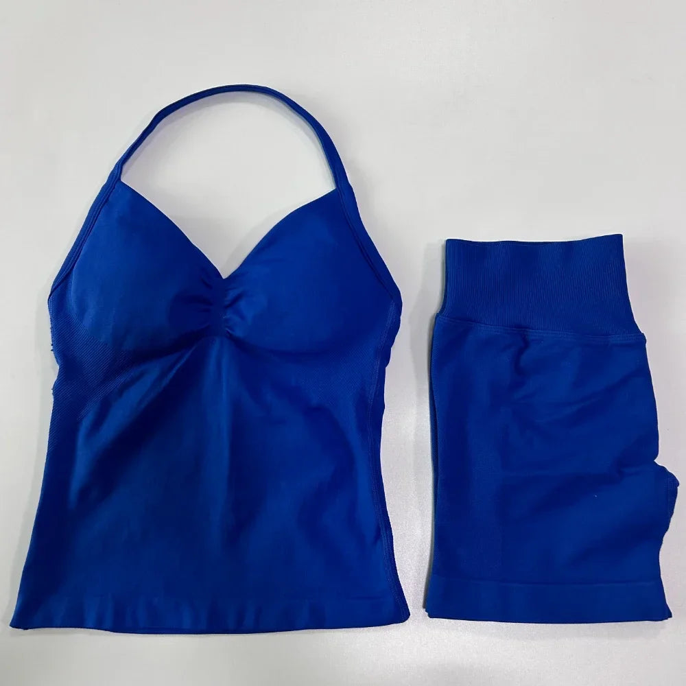 No Logo 2 Pieces Sports Set Workout Clothes Shorts Sets Gym Strappy Top Scrunch Shorts Yoga Clothing Gym Set