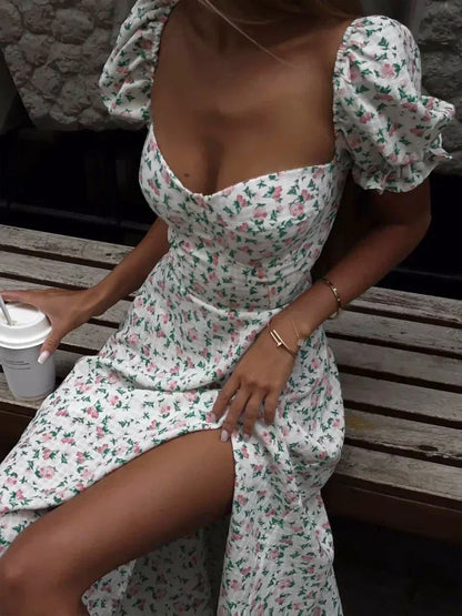 Women's Off Shoulder Floral Dress Summer New Fashionable Slit Long Slim Fit Print Dress Sexy Hot Girl Evening Dresses