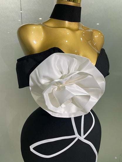 Women 2025 New Sexy Off Shoulder White Flower Black Mini Bodycon Bandage Dress Luxury Celebrity Evening Club Elegant Party Gowns