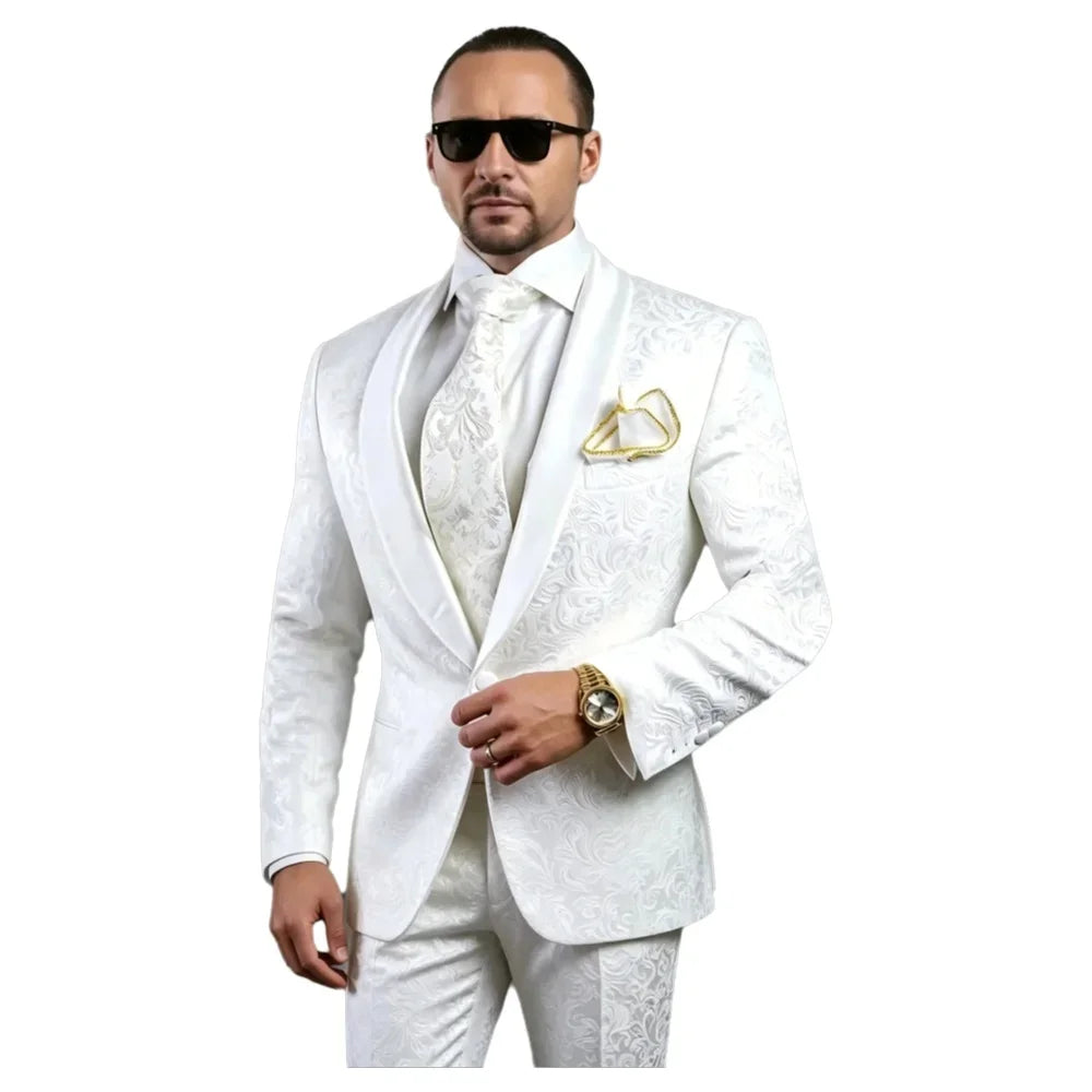 Men's White Floral Printed Two-Piece Suit Jacket Pants Groomsmen Men's Wedding Party Cocktail Party Formal Groom Tuxedos