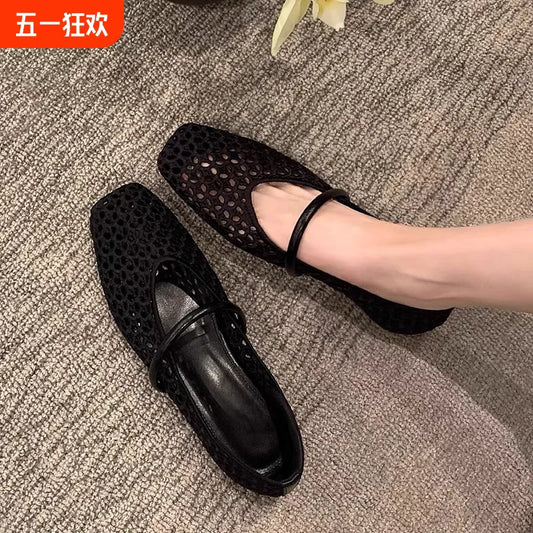 2025 zapatos de Ballet de malla hueca para mujer, sandalias transpirables Mary Jane con cabeza cuadrada, calzado con correa