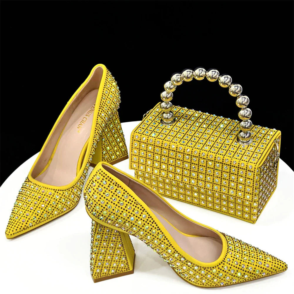 Nigerian Heel Party for Women Yellow Shoes and Bag Set Rhinestone Handbag Italian Design Wedding