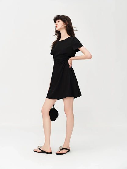 Summer Women's Black Midi Dress, Crew Neck Short Sleeve Waist-Cinching Slim Fit Black Dress for Chic Minimalist Style