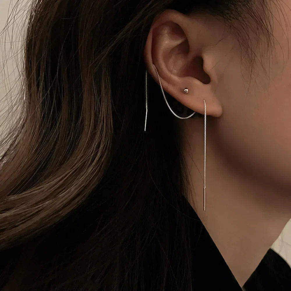 Retro Classic Long Tassel Ear Line Drop Dangle Earring for Women Charm Silver Color Stainless Steel Chain Hanging Earing Jewelry