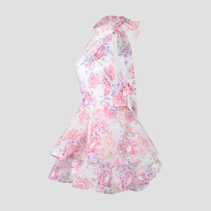 Chic Floral Printed Mini Dress Backless Sleeveless Hem Stacking Dresses Sweet A Line Vestidos 2025 New Lady Party Club Clothing