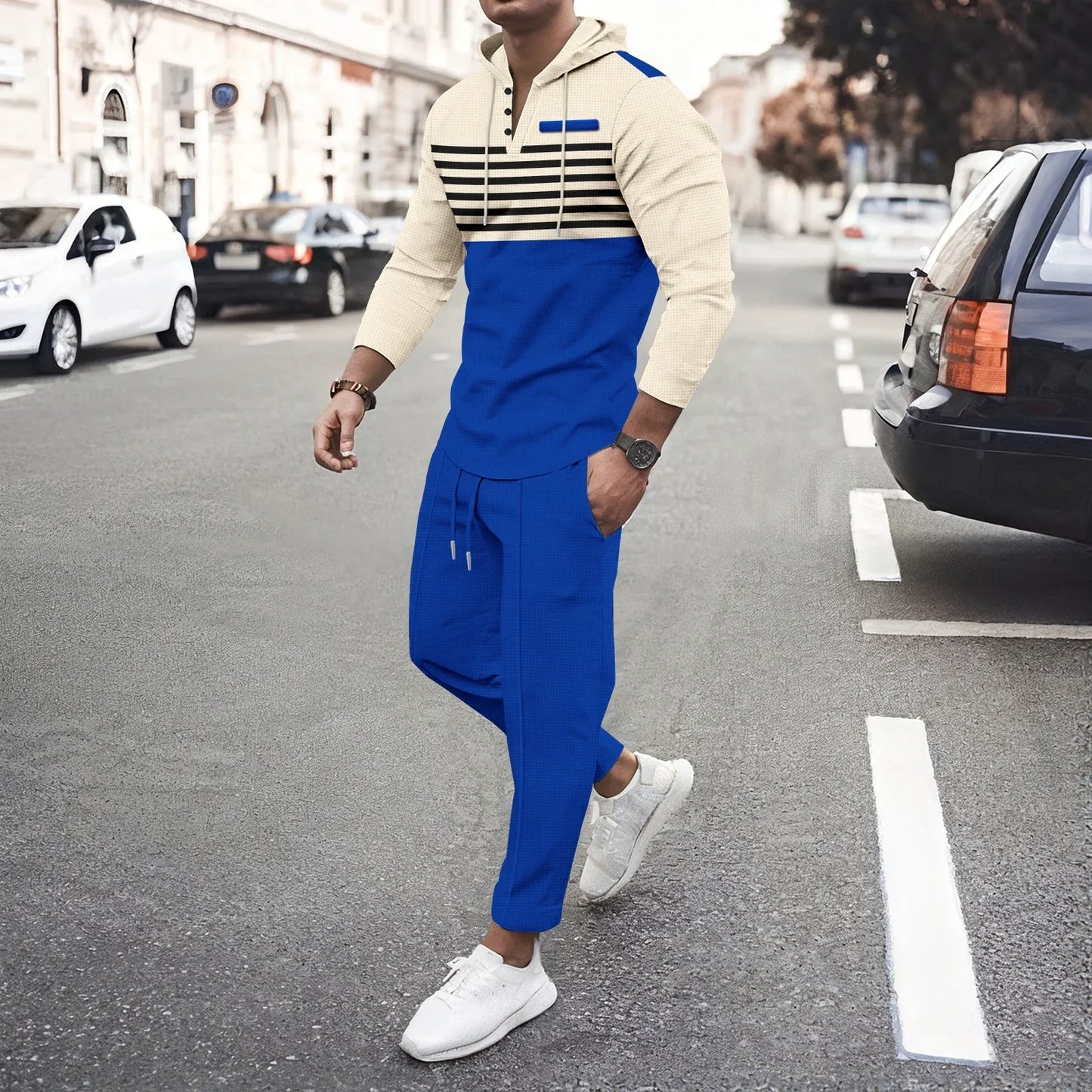 New Men's Waffle Casual Set Outdoor Four Seasons Versatile Trendy Stripe Color blocked Hoodie, Casual Pants Two Piece Set