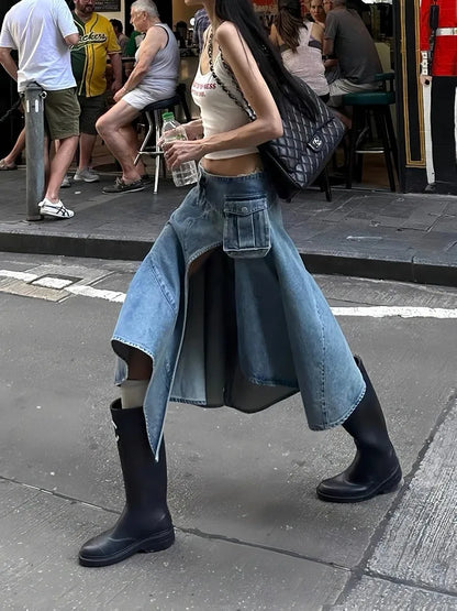 Summer Women Midi Skirt Split Harajuku Denim Skirt Gyaru 2000s Aesthetic Japanese Abi Y2k Korean Sexy Kpop Coquette Design New