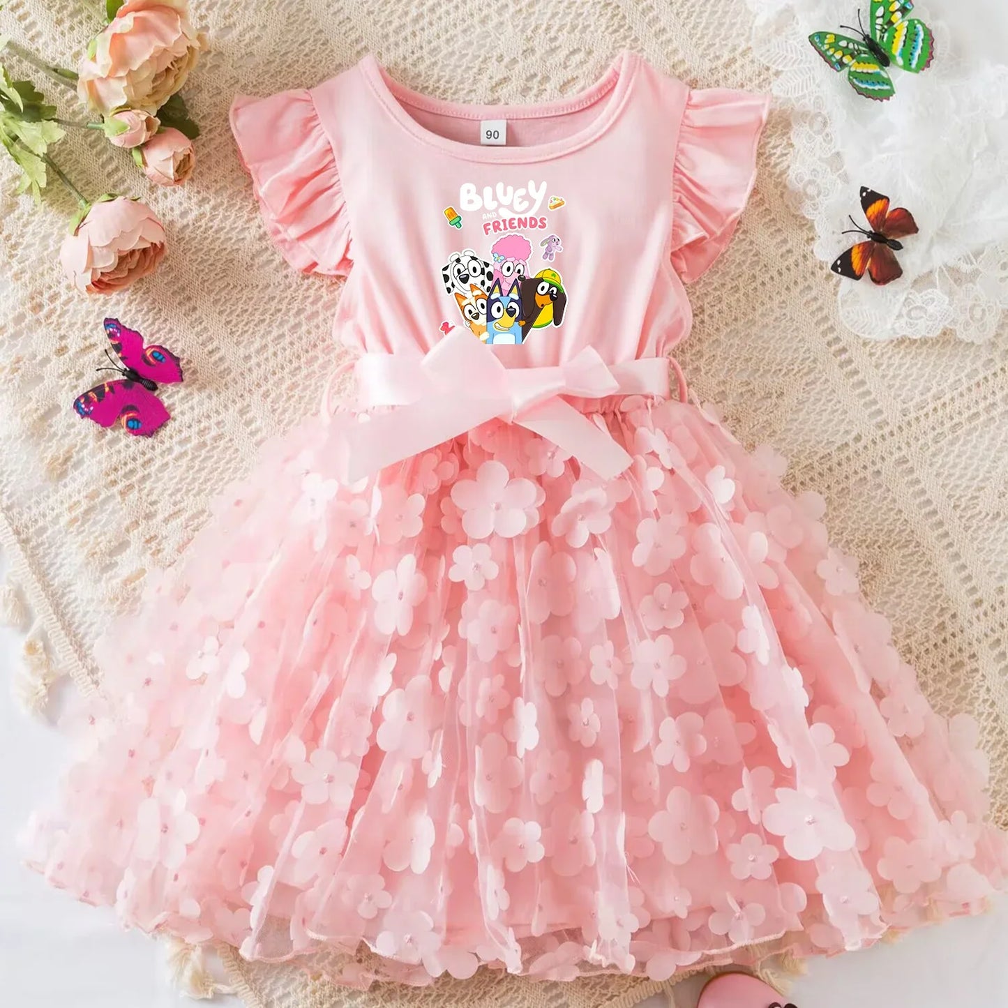 Vestido de Bebê Menina Bluey de Tule com Flores Vestido de Princesa para Casamento Tutu Sem Mangas Roupa de Festa para Fotos Presente de Aniversário