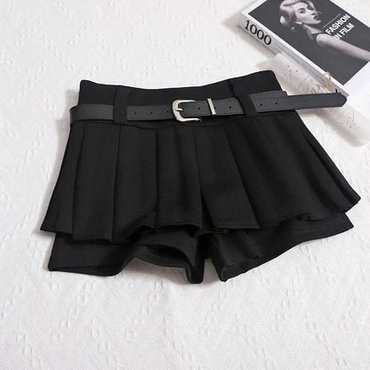 Kimotimo Womens Shorts Autumn Winter Belt High Waist Fluffy Pleated A-line Short Pants Korean Fashion Sexy Y2k All Match Clothes