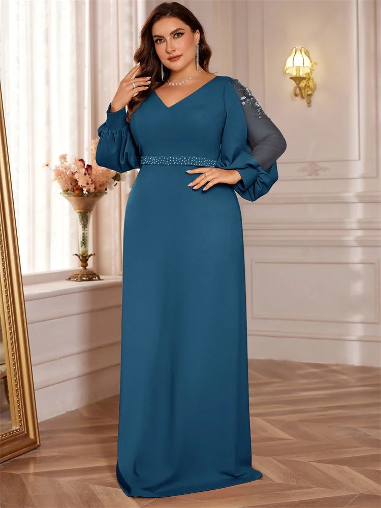 Plus Size Luxury V-Neck Red Long Sleeves Applique Formal Evening Dresses Women V-back Wedding Party Maxi Guest Gowns
