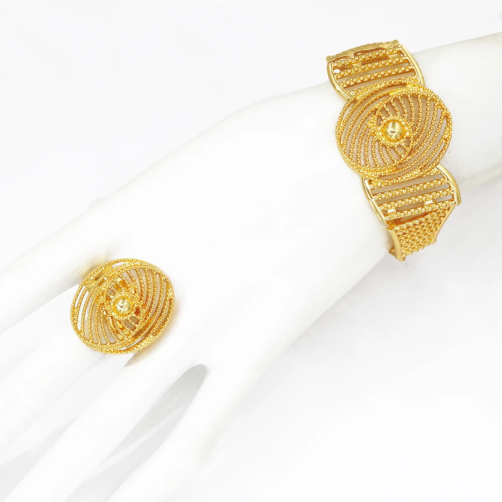 Africal Gold Color Big Jewelry Set Hollow Out Design Necklace Bracelet Earring Ring For Women Bridal Wedding Jewellery Gift