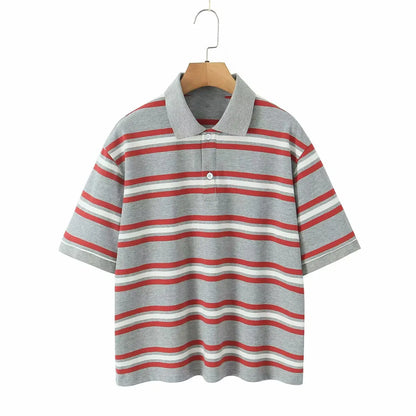 2025 Summer Ladies Polo Shirts Woman Long Sleeve Crop Top Striped Vintage Clothes Polo Shirts Mujer Streetwear Casual Tops Brown