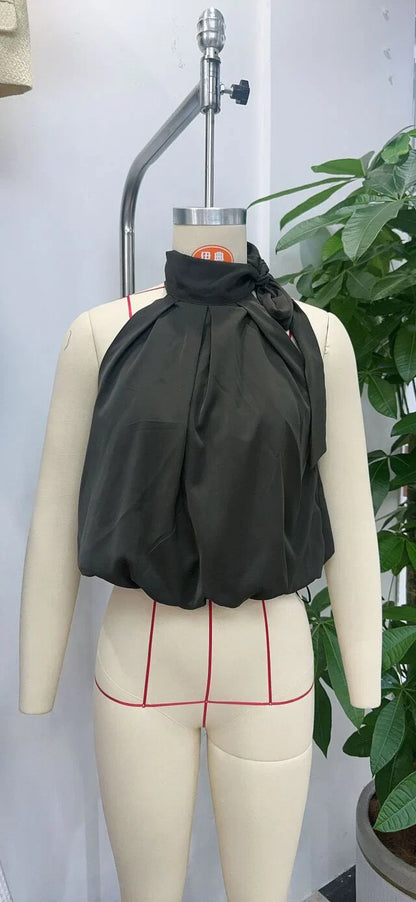 European and American style 2025 autumn new product women's clothing design with bow tie decoration hanging neck collar top