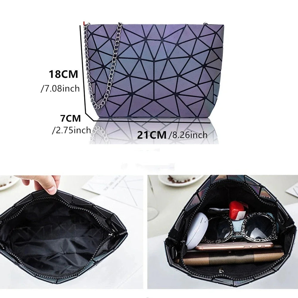 Fashion reflective Chain crossbody bags for women folding geometric holographic purses luminous sling shoulder bag