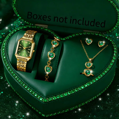 6pcs Elegant Rectangle Women Watches Heart Pendant Jewelry Set Ladies Quartz Wristwatch Reloj Mujer（Without Box）