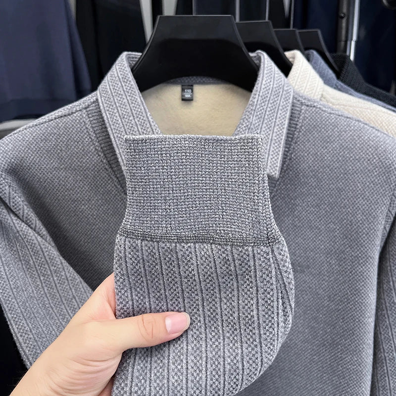Winter Men's Vacation Two-piece Thick Woolen Sweater with A Warm Collar and Knitted Polo Base for Middle-aged and Elderly People