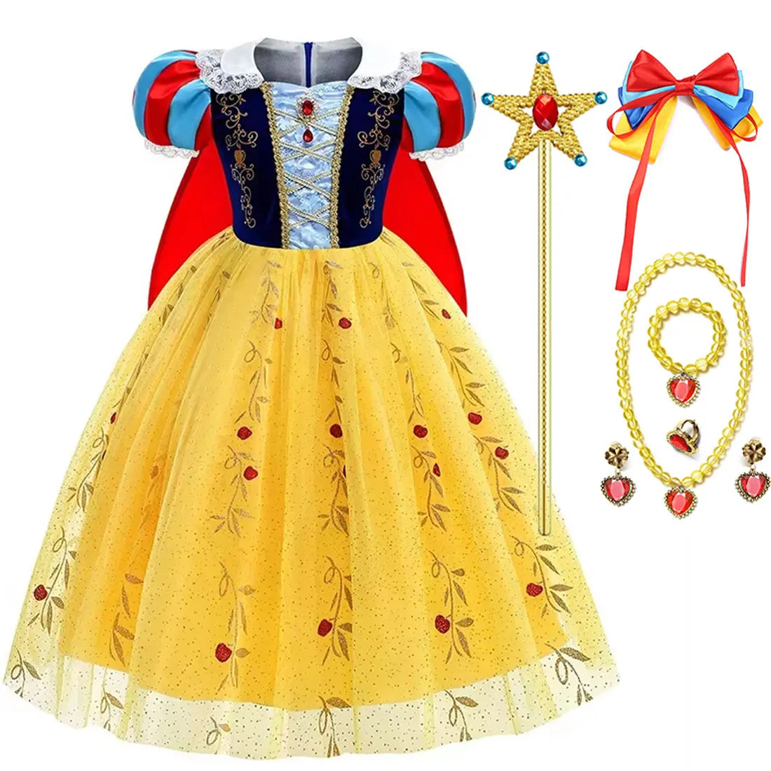 Vestido Laranja Disney Princesa Cosplay de Manga Curta Fofo com Renda para Meninas + Capa + Conjunto de Acessórios Presente de Aniversário