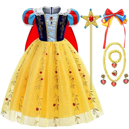 Girl Cosplay Snow White Dress Yellow Luxury Costume With Cloak Holiday Party Gift For Girl Dress + Apple Accessories
