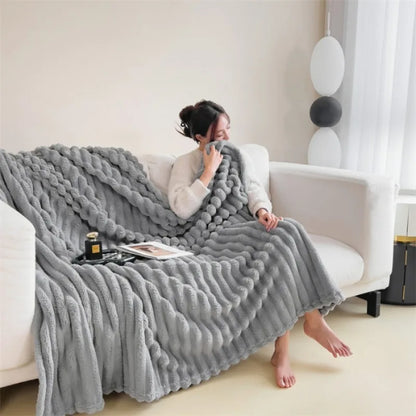2025 New Rabbit Plush Blanket Draw Stripe Thickened Flannel Blanket Shawl Coral Fleece Sofa Blanket, without Pillowcase