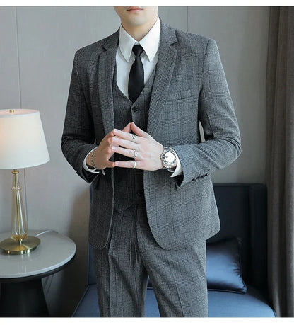 Hemp (blazer+Vest+Pants) Fashion Business Leisure Hosts Slim-fit Cotton Hemp Gentleman Wedding Work Wedding Suits for Men M-5XL