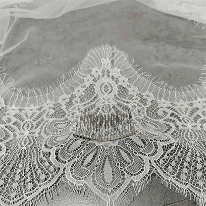 Customized Mantilla Veil with Wide Eyelash Lace, Ivory Chantilly Lace Wedding Veil with Hidden Comb, 2.5m/3m/3.5m/4m Long Veil