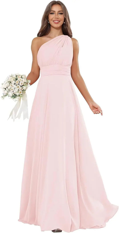 Vestidos de Daminha de Um Ombro para Mulheres Vestido de Noite Formal Longo de Chiffon Plissado Vestidos de Madrinha para Casamentos