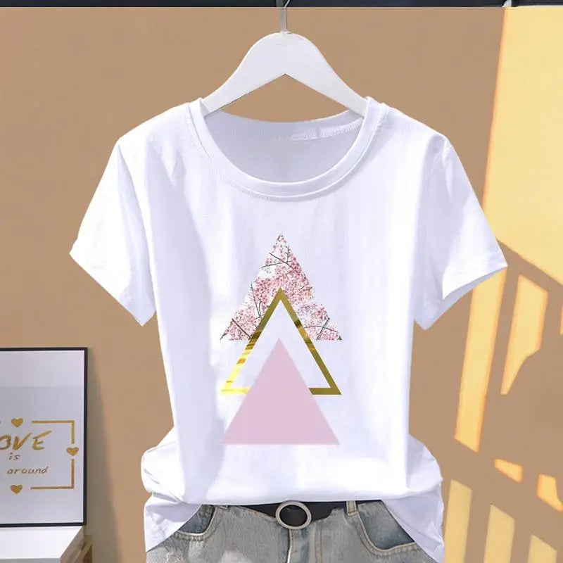 Classic best-selling pink trapezoid pattern printed women's round-neck short-sleeved T-shirt, fashionable sporty Summer Modal