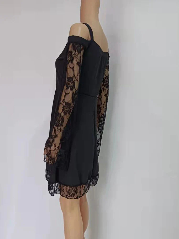 One-shoulder Lace Stitching Flared Sleeve Dress Literary Vintage Autumn Grunge Black A-line Dress Punk Partywear