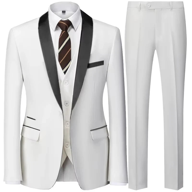 Conjunto Masculino Terno 3 Peças Smoking Um Botão Gola Xale de Cetim Slim Fit Blazer Colete Calças Para Formal Negócios Casamento Noivo